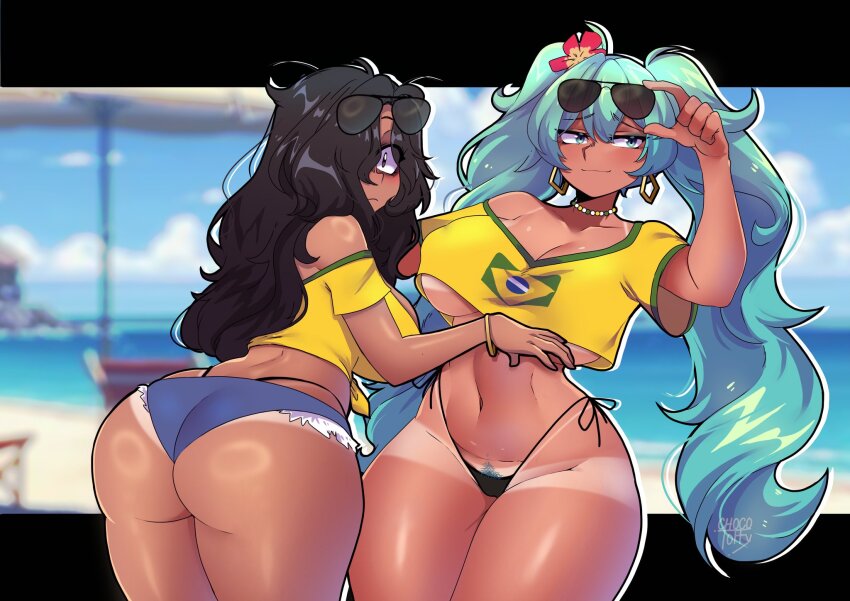 2girls adjusting_eyewear alternate_breast_size alternate_skin_color ass aviator_sunglasses bangle beach bead_choker beads bikini black_hair blue_shorts blurry blurry_background bracelet brazilian_flag brazilian_flag_print brazilian_miku brazilian_miku_(cosplay) brazilian_sadako breasts chocotoffy commentary cosplay covered_erect_nipples cowboy_shot crop_top crossover dark-skinned_female dark_skin earrings english_commentary exposed_pocket eyeshadow eyewear_on_head female_pubic_hair flag_print flower gold_earrings green_eyes green_eyeshadow green_hair hair_flower hair_ornament hair_over_one_eye hatsune_miku hibiscus highres huge_ass jewelry large_breasts long_hair looking_at_viewer looking_back makeup multiple_girls navel pubic_hair pubic_hair_peek rectangular_earrings shirt short_shorts shorts shorts_tan side-tie_bikini_bottom signature single_off_shoulder smirk sunglasses swimsuit tan tanline tanline_peek the_ring thick_thighs thighs twintails underboob underbutt very_long_hair vocaloid yamamura_sadako yellow_shirt