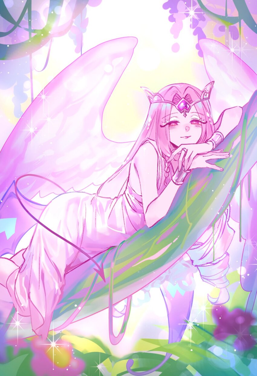 1girl angel breasts cleavage colored_skin cookie_run cookie_run:_kingdom demon_girl dress eternal_sugar_cookie highres long_hair looking_at_viewer pink_eyes pink_hair pink_skin sanwawans solo wings