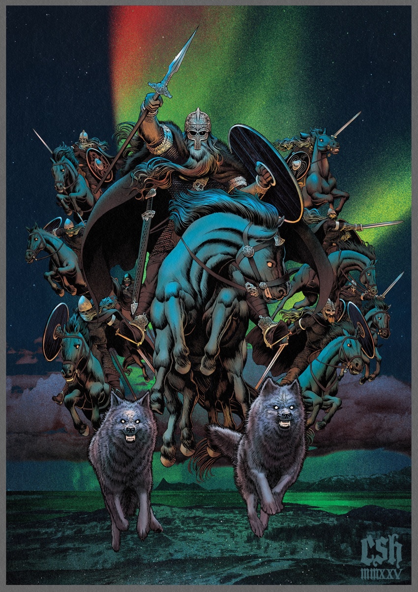 absurdres armor artist_name aurora chainmail christian_sloan_hall cloud flying freki_(mythology) geri_(mythology) helmet highres holding holding_polearm holding_sword holding_weapon norse_mythology ocean odin_(mythology) polearm roman_numeral sleipnir_(mythology) spear sword viking weapon white_beard wolf