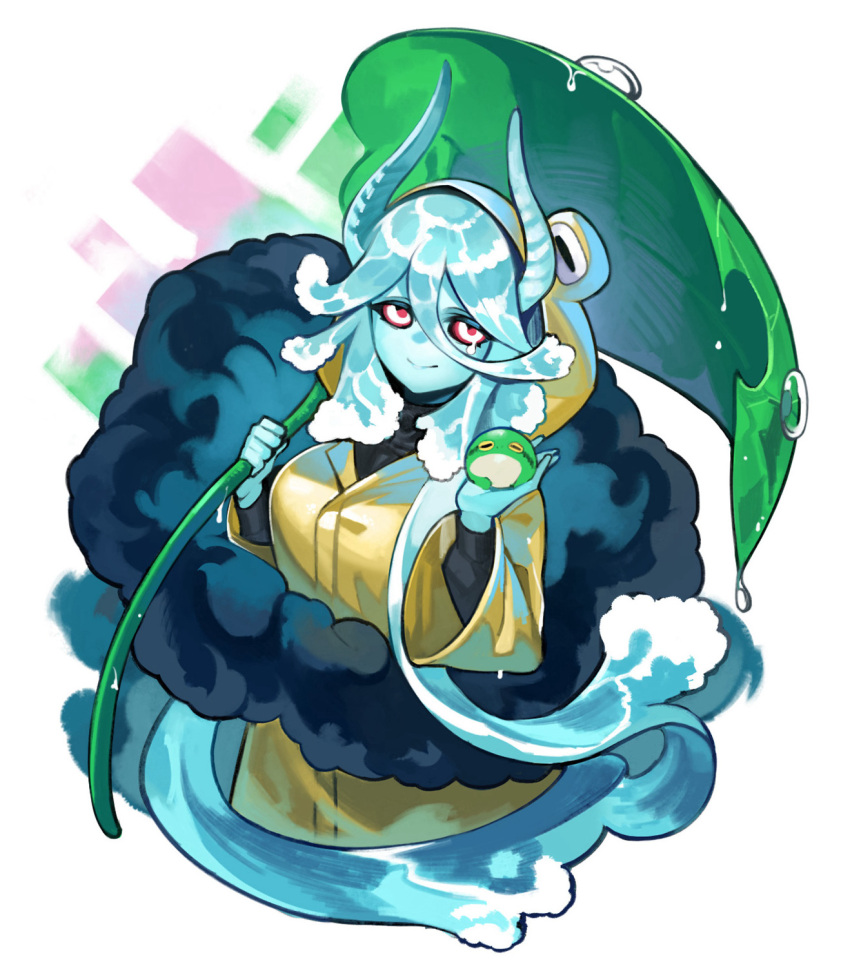 1girl animal_hood baniran_dorosu black_shirt blue_hair blue_horns blue_skin cloud colored_sclera colored_skin creature creature_on_hand cropped_torso dark_clouds hair_between_eyes highres hood hood_up horns liquid_hair long_sleeves original oversized_plant personification rain_(baniran_dorosu) raincoat red_pupils red_sclera shirt solo white_eyes yellow_raincoat