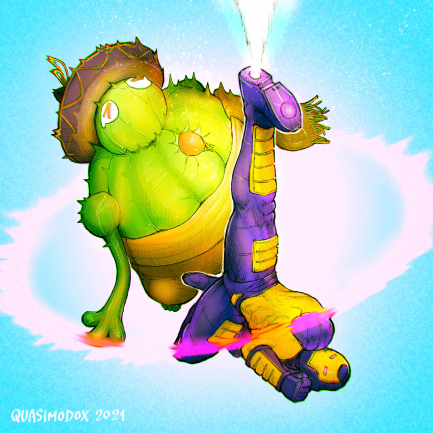 &gt;_&lt; 2boys alternate_color amingo blue_background capcom commentary english_commentary flying_kick hat highres iron_man kicking male_focus marvel marvel_vs._capcom marvel_vs._capcom_2 meme monster_boy multiple_boys no_mouth plant_boy player_2 power_suit quasimodox scarf sombrero superhero_costume