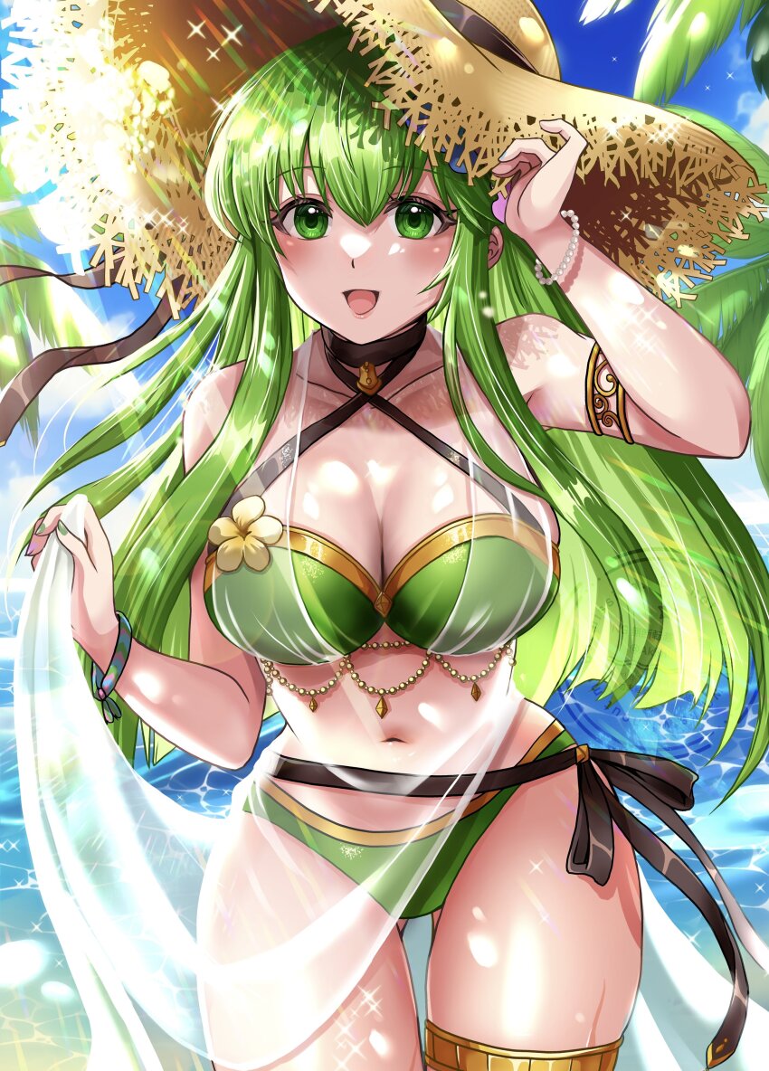 1girl absurdres akimiiiii armlet bikini blush bracelet breasts cleavage criss-cross_halter fire_emblem fire_emblem_echoes:_shadows_of_valentia fire_emblem_heroes flower gluteal_fold green_bikini green_eyes green_hair hair_ornament halterneck hat highres jewelry large_breasts long_hair navel nintendo ocean official_alternate_costume open_mouth outdoors palla_(fire_emblem) palla_(summer)_(fire_emblem) palm_leaf palm_tree sarong see-through_clothes see-through_sarong skindentation small_breasts solo stomach straw_hat sun_hat swimsuit thick_thighs thighlet thighs tree water
