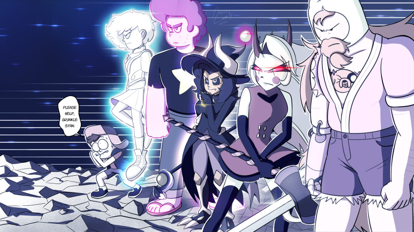 3boys 3girls adventure_time afro alternate_form amphibia anisic_lumity anne_boonchuy anne_boonchuy_(calamity_form) armor baseball_cap beard black_fur black_hair black_sclera blonde_hair braces brown_hair charlie_morningstar claws colored_sclera colored_skin dark-skinned_female dark_skin demon_girl demon_horns dipper_pines dog eclipse eyebrow_cut facial_hair fang finn_the_human formal_clothes glowing glowing_hair gravity_falls hat hazbin_hotel highres holding holding_polearm holding_staff holding_sword holding_weapon horns horns_through_headwear horns_through_hood jake_the_dog long_hair lunar_eclipse luz_noceda luz_noceda_(titan) mage_staff mechanical_arms multiple_boys multiple_girls pink_hair pink_skin pointy_ears polearm purple_hair purple_suit red_sclera scar short_hair single_mechanical_arm speech_bubble staff steven_quartz_universe steven_universe suit sword the_owl_house toon_(style) tree_print weapon witch_hat yellow_eyes