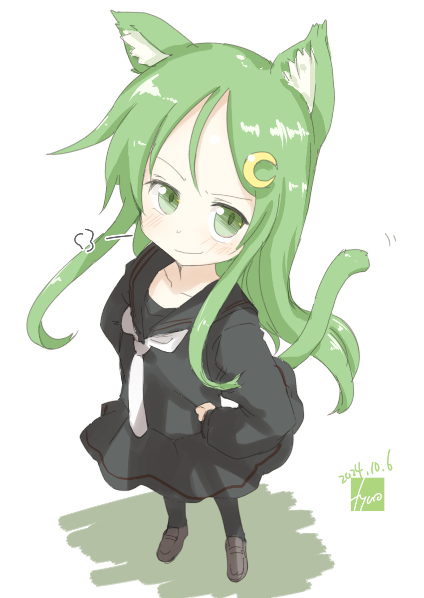 1girl absurdres animal_ears artist_logo artist_name black_sailor_collar black_serafuku black_shirt black_skirt cat_ears cat_tail crescent crescent_hair_ornament dated full_body fyuo green_eyes hair_ornament highres kantai_collection logo nagatsuki_(kancolle) neckerchief sailor_collar school_uniform serafuku shirt simple_background skirt solo standing tail white_background white_neckerchief