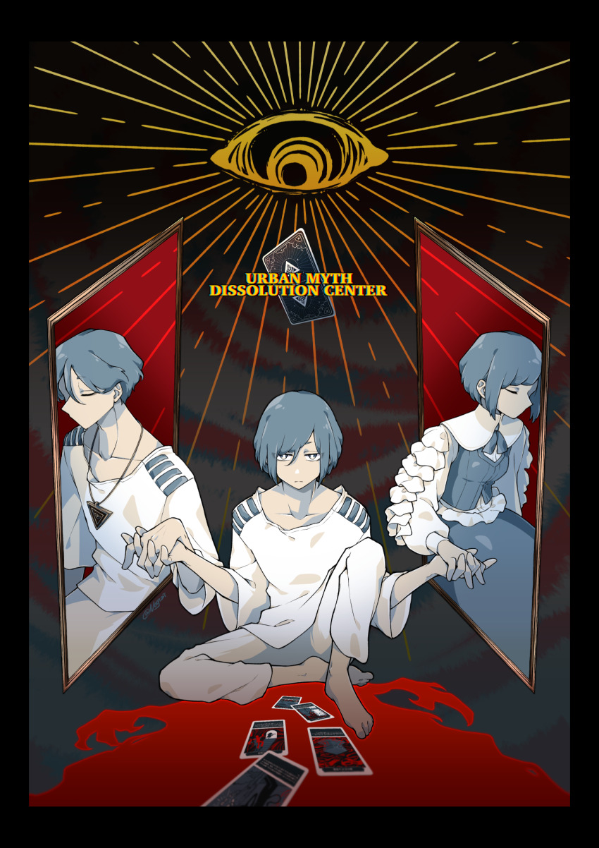 1boy 2girls barefoot blue_hair blue_skirt border card closed_eyes closed_mouth collared_shirt commentary_request copyright_name disembodied_eye expressionless frilled_shirt frilled_sleeves frills fukurai_azami full_body hair_between_eyes highres holding_hands interlocked_fingers kisaragi_ayumi knee_up long_sleeves looking_at_viewer meguriya_ayumu multiple_girls nogizi pants puffy_long_sleeves puffy_sleeves shadow shirt short_hair sitting skirt spoilers toshi_densetsu_kaitai_center triangle_necklace white_pants white_shirt
