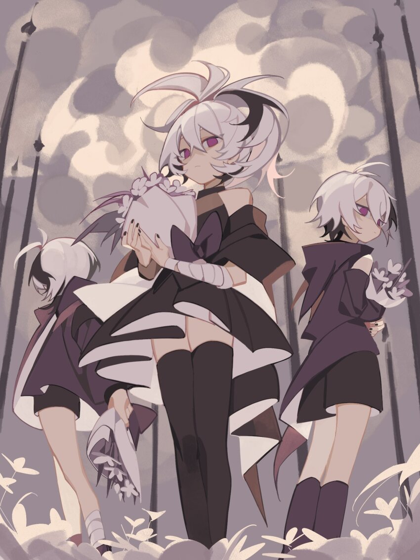 3girls antenna_hair bandaged_arm bandaged_leg bandages bare_shoulders black_choker black_hair black_nails black_shorts black_skirt black_thighhighs bouquet choker closed_mouth detached_sleeves eight-b flower flower_(gynoid_talk) flower_(vocaloid) flower_(vocaloid3) flower_(vocaloid4) gynoid_talk highres holding holding_bouquet hood hooded_jacket jacket kneehighs medium_hair multicolored_hair multiple_girls multiple_persona no_pupils outdoors pink_eyes ponytail purple_hood purple_jacket purple_socks short_hair shorts skirt socks streaked_hair thighhighs vocaloid white_flower white_hair