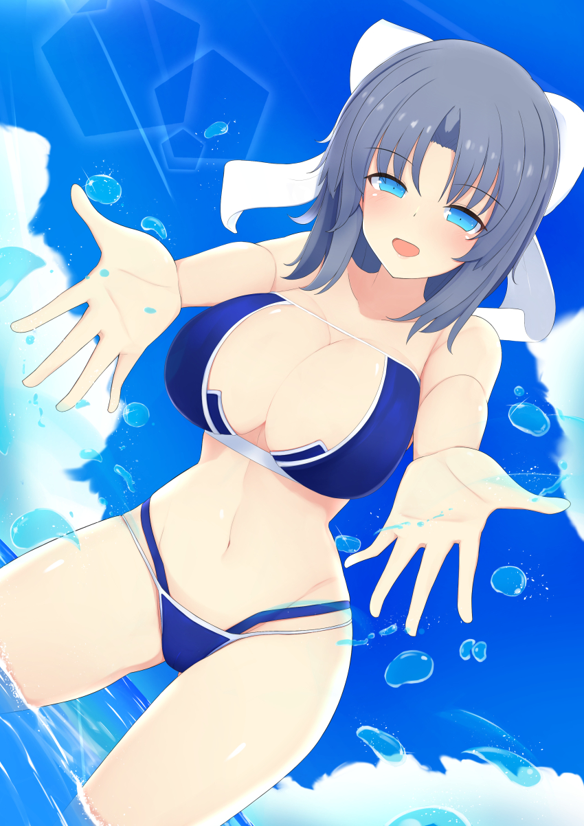 1girl :d absurdres bare_shoulders bikini blue_bikini blue_eyes blush bow breasts cleavage cloud cloudy_sky collarbone day eyepatch_bikini george_(pixiv7099078) grey_hair groin hair_bow highres in_water large_breasts medium_hair midriff navel ocean open_mouth outdoors senran_kagura sky smile solo standing stomach swimsuit thighs yumi_(senran_kagura)