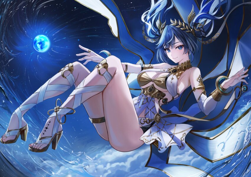 1girl armlet bare_shoulders black_skirt blue_eyes blue_hair breasts cleavage closed_mouth commentary full_body gladiator_sandals gold_bra highres iuno_(wuthering_waves) jewelry laurel_crown looking_at_viewer medium_breasts miniskirt nicky_w sandals showgirl_skirt skirt smile solo symbol-only_commentary tacet_mark_(wuthering_waves) thighlet thighs twintails vambraces wuthering_waves