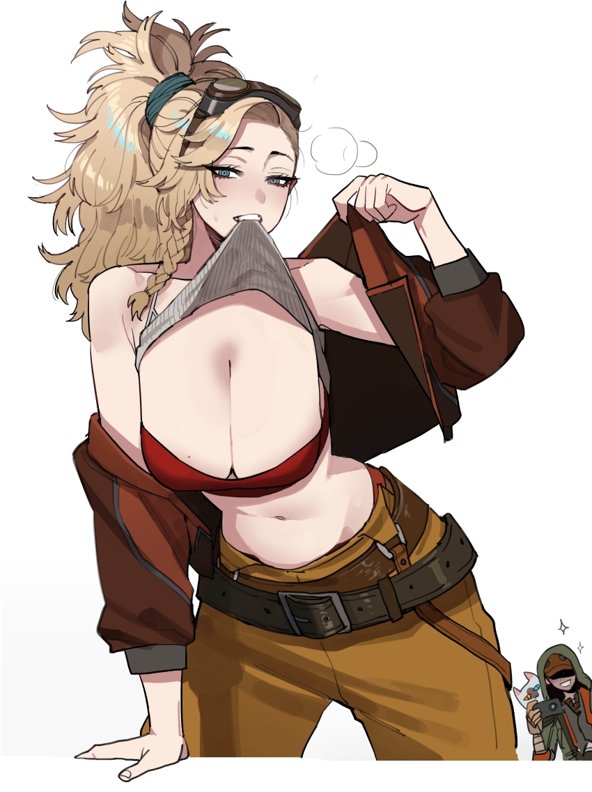 1boy 1girl absurdres arm_support belt blonde_hair blue_eyes breasts brown_pants camera cat character_request cleavage gemma_(monster_hunter_wilds) goggles goggles_on_head heterochromia highres holding holding_camera jacket large_breasts long_hair looking_at_viewer mole mole_on_breast monster_hunter_(series) monster_hunter_wilds navel open_clothes open_jacket orange_jacket pants ratatatat74 simple_background teeth white_background yellow_eyes