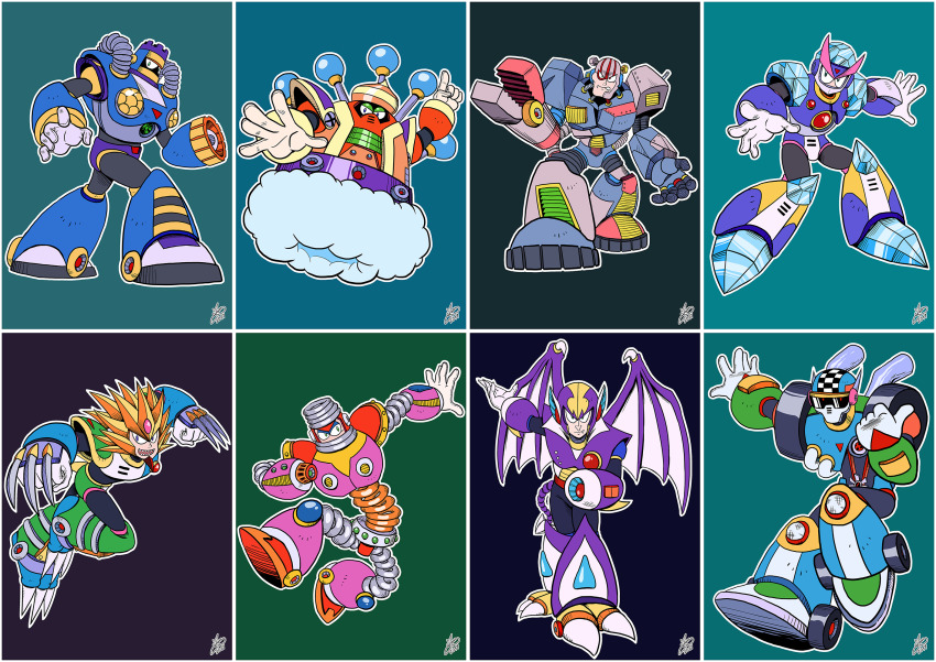 arm_cannon burst_man capcom claws cloud_man freeze_man full_body highres junk_man looking_at_viewer mega_man_(classic) mega_man_(series) mega_man_7 no_humans non-humanoid_robot robot shade_man slash_man spring_man sunglasses turbo_man weapon wheel wings