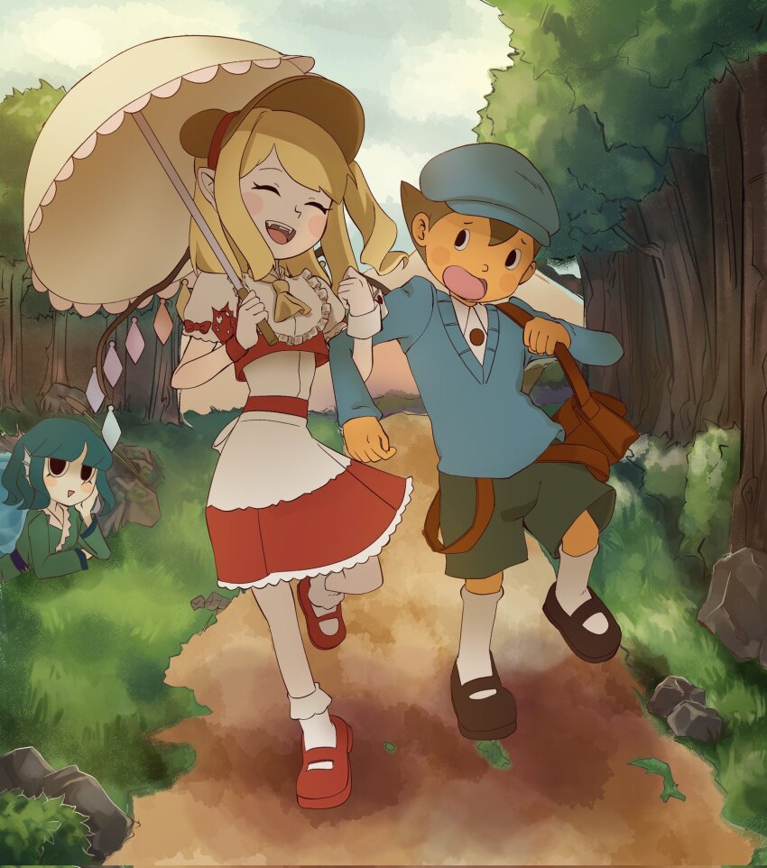 1boy 2girls ascot bag black_eyes black_shoes blonde_hair blue_hat blue_sweater cabbie_hat carumikoto closed_eyes crossover crystal_wings dress flandre_scarlet full_moon green_kimono green_shorts hashtag-only_commentary hat highres japanese_clothes kimono lake luke_triton moon multiple_girls open_mouth outdoors parasol professor_layton red_shoes shoes shorts shoulder_bag sidelocks socks sweater teeth touhou tree umbrella upper_teeth_only wakasagihime white_dress white_socks yellow_ascot