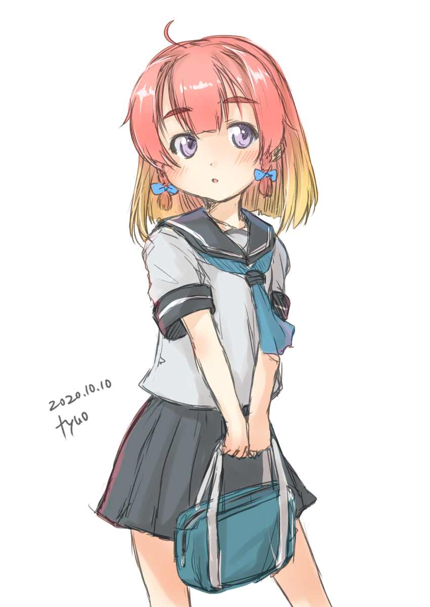 1girl alternate_costume artist_name bag black_sailor_collar black_skirt blonde_hair blue_neckerchief bob_cut braid dated etorofu_(kancolle) feet_out_of_frame fyuo gradient_hair highres kantai_collection looking_at_viewer multicolored_hair neckerchief orange_hair pleated_skirt purple_eyes sailor_collar sailor_shirt school_bag school_uniform serafuku shirt short_hair short_sleeves side_braid simple_background skirt solo standing summer_uniform thick_eyebrows twin_braids white_background white_shirt