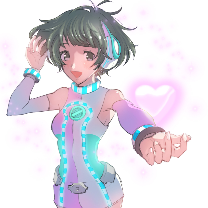 1boy akizuki_ryo arm_up bare_shoulders breasts brown_eyes brown_hair commentary_request cosmic_&amp;_funny_(idolmaster) crossdressing crossdressing_(mtf) detached_sleeves heart highres idolmaster idolmaster_dearly_stars light_blush looking_at_viewer male_focus medium_breasts open_mouth outstretched_arm pink_apollo_(idolmaster) shakeshake0202 short_hair sleeveless solo trap triangle_mouth white_background