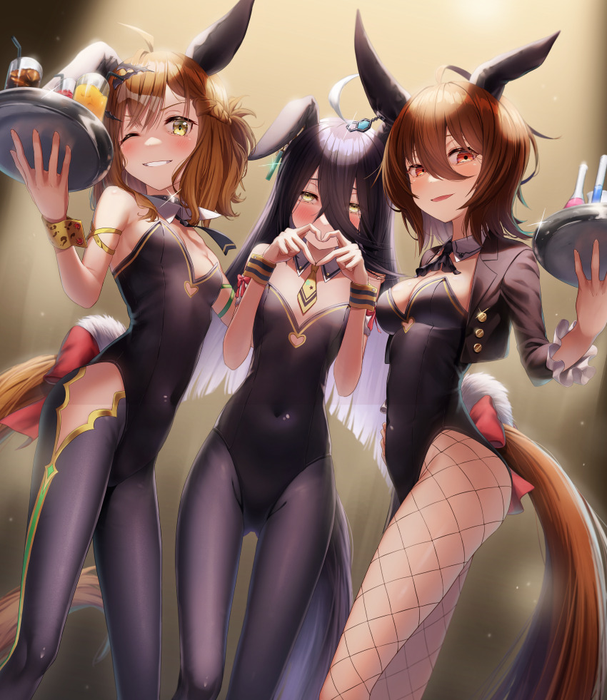 3girls absurdres agnes_tachyon_(umamusume) ahoge animal_ears black_hair black_jacket black_leotard black_pantyhose bow bowtie brown_hair detached_collar fake_animal_ears feet_out_of_frame fishnet_pantyhose fishnets flat_chest hair_between_eyes heart heart_hands highres horse_girl horse_tail jacket jam_(umamusume) jungle_pocket_(umamusume) leotard long_hair manhattan_cafe_(umamusume) multiple_girls one_eye_closed pantyhose playboy_bunny rabbit_ears rabbit_tail red_eyes reo-illust4696 short_hair smile strapless strapless_leotard tail umamusume wrist_cuffs