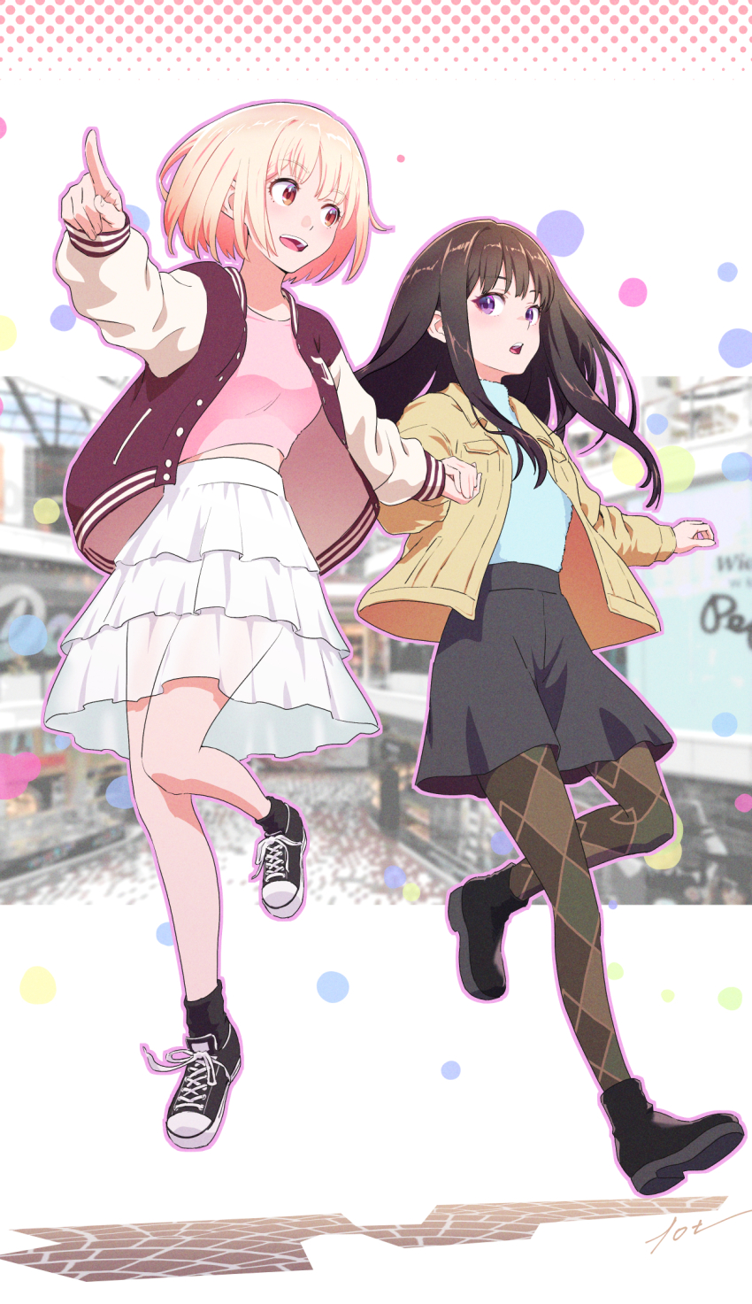 10ttruck 2girls black_boots black_hair black_shoes black_shorts black_socks blonde_hair blue_shirt boots breasts brown_jacket brown_pantyhose commentary_request full_body highres holding_hands inoue_takina jacket long_hair long_sleeves lycoris_recoil medium_breasts midriff_peek multiple_girls nishikigi_chisato open_clothes open_jacket open_mouth outline pantyhose pantyhose_under_shorts pink_outline pink_shirt purple_eyes red_jacket revision shirt shoes short_hair shorts sidelocks skirt socks upper_body white_skirt