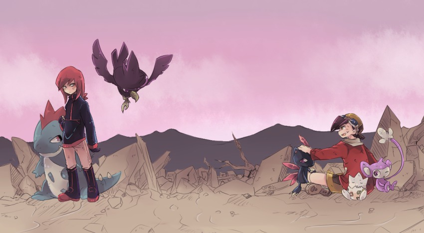 2boys aipom baseball_cap croconaw ethan_(pokemon) gen_2_pokemon goggles goro_nyanko hat multiple_boys murkrow nintendo one_eye_closed pokemon pokemon_(creature) pokemon_adventures rubble silver_(pokemon) sitting sneasel togepi wink