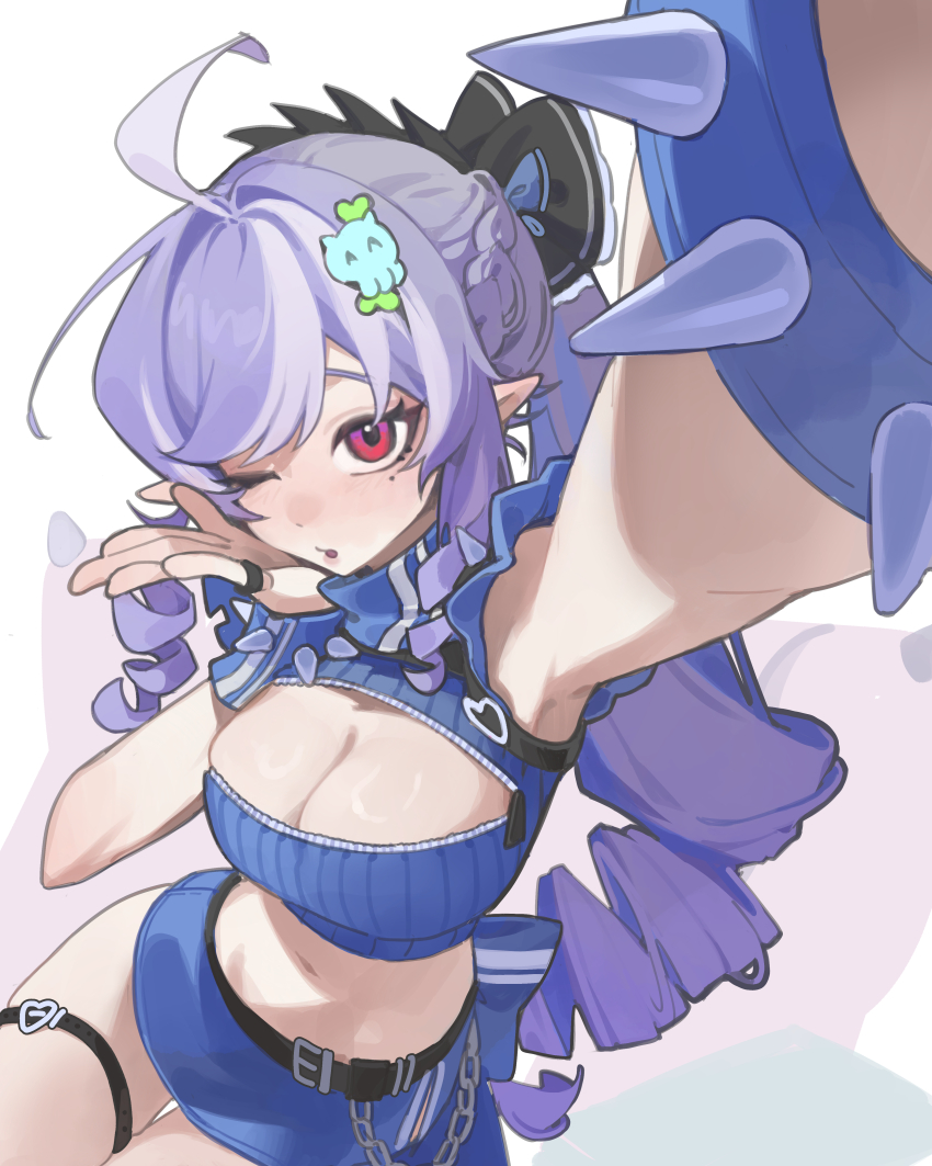 1girl absurdres ahoge alternate_costume armpits belted_skirt blowing_kiss blue_skirt bracelet breast_zipper breasts chain commentary_request cowboy_shot crop_top drill_hair highres jewelry large_breasts long_hair looking_at_viewer microskirt midriff navel one_eye_closed pillow pointy_ears purple_hair red_eyes ring roo_boo selfie skirt solo spiked_bracelet spikes thigh_strap vivian_banshee white_background zenless_zone_zero zipper zipper_pull_tab