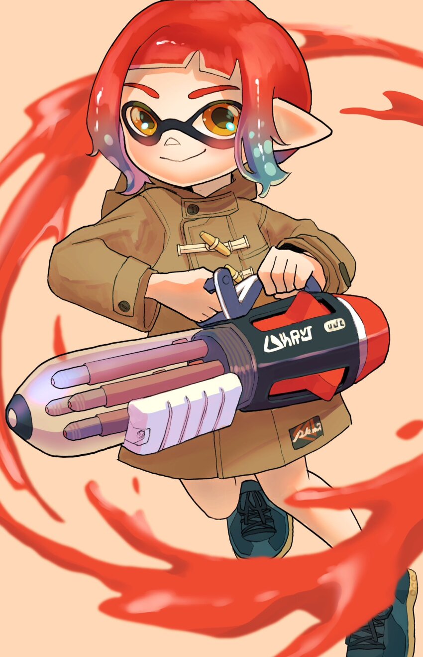 1boy ballpoint_splatling_(splatoon) black_shoes blue_hair brown_jacket buttons closed_mouth commentary_request cross-laced_footwear full_body gradient_hair gun highres holding holding_gun holding_weapon inkling inkling_boy inkling_player_character jacket looking_at_viewer male_focus medium_hair multicolored_hair nastar_r0 nintendo orange_eyes paint pink_hair pointy_ears red_hair shoes simple_background smile solo splatoon_(series) splatoon_3 tentacle_hair weapon