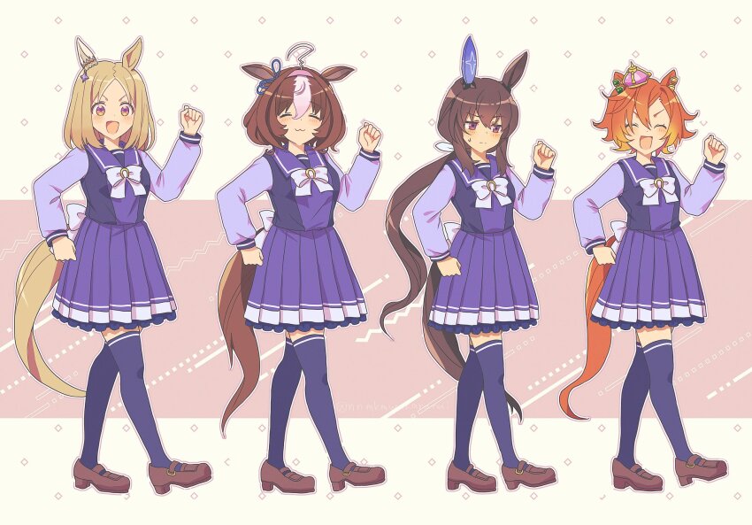 4girls :3 :d ^_^ admire_vega_(umamusume) ahoge animal_ears back_bow blonde_hair blue_ribbon blush bow bowtie brown_hair brown_shoes closed_eyes closed_mouth commentary_request crown ear_covers ear_ribbon full_body hair_between_eyes hairband hand_up highres horse_ears horse_girl horse_tail horseshoe_ornament long_hair long_sleeves meisho_doto_(umamusume) multicolored_hair multiple_girls narita_top_road_(umamusume) nnmkmwakaranai open_mouth orange_hair pink_background pink_eyes pink_hairband pleated_skirt purple_eyes purple_sailor_collar purple_shirt purple_skirt purple_thighhighs ribbon sailor_collar school_uniform serafuku shirt shoes short_hair signature single_ear_cover skirt smile standing sweatdrop t.m._opera_o_(umamusume) tail thighhighs tracen_school_uniform two-tone_hair umamusume v-shaped_eyebrows white_bow white_bowtie white_hair winter_uniform zettai_ryouiki