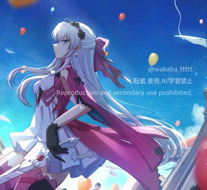 0roshioji3ran 1girl balloon black_gloves blue_sky bow breasts carlotta_(wuthering_waves) commentary_request day dress earrings from_side gloves gun hair_bow holding holding_gun holding_weapon jacket jewelry long_hair medium_breasts pink_bow pink_jacket pink_thighhighs sky solo striped_bow thighhighs thighs very_long_hair weapon white_dress white_hair wuthering_waves