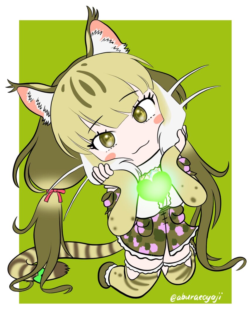 1girl aburaeoyaji full_body grey_hair heart highres jungle_cat_(kemono_friends) kemono_friends kemono_friends_v_project long_hair looking_at_viewer simple_background solo virtual_youtuber