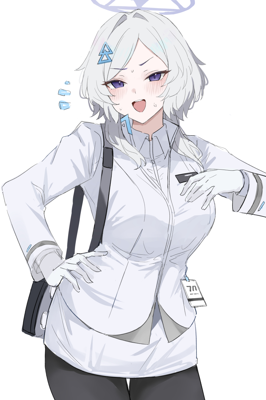 1girl absurdres black_pantyhose blue_archive blue_eyes blue_halo blush commentary_request flying_sweatdrops gloves gun hair_ornament halo hand_on_own_hip hand_up hangetsu15 hat highres kriss_vector mirai_(blue_archive) open_mouth pantyhose short_hair short_hair_with_long_locks simple_background skirt solo submachine_gun sweat teeth triangle_hair_ornament upper_teeth_only weapon white_background white_gloves white_hair white_hat white_skirt