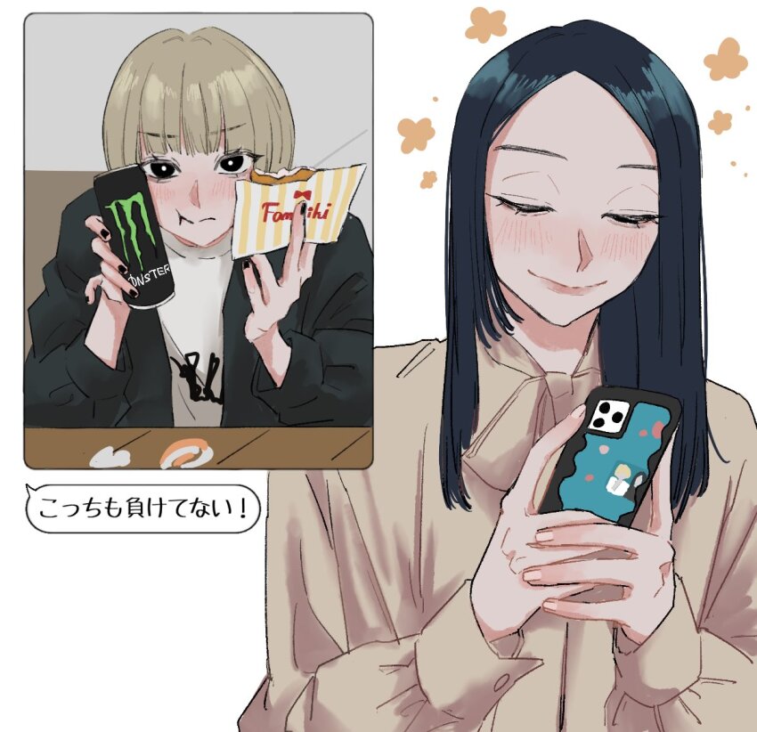 2girls aegyo_sal baby_walkure black_eyes black_hair black_jacket blonde_hair blush brown_jacket cellphone closed_eyes commentary_request familymart fukagawa_mahiro holding holding_phone jacket long_hair monster_energy multiple_girls phone pout short_hair smartphone sugimoto_chisato tosots_miroku