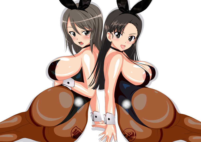 2girls absurdres arm_support ass asymmetrical_bangs back-to-back blush breasts brown_eyes brown_hair chi-hatan_(emblem) emblem from_behind girls_und_panzer highres keizoku_(emblem) large_breasts leotard long_hair looking_at_viewer mevius9 mika_(girls_und_panzer) multiple_girls nishi_kinuyo open_mouth pantyhose playboy_bunny rabbit_ears tongue tongue_out wrist_cuffs