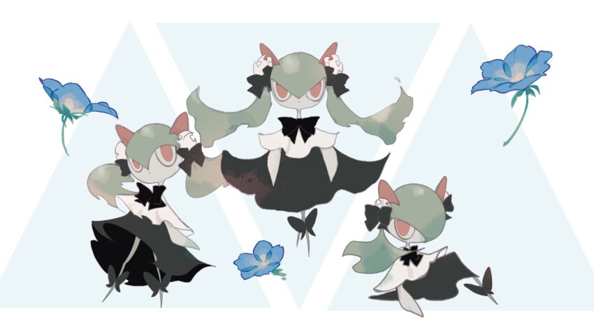black_skirt blue_flower clothed_pokemon colored_skin flower gen_3_pokemon green_hair green_skin hair_ornament highres horns kirlia multicolored_skin mxlaghrsuk33yws nintendo pink_eyes pokemon pokemon_(creature) sidelocks simple_background skirt two-tone_background two-tone_skin white_skin