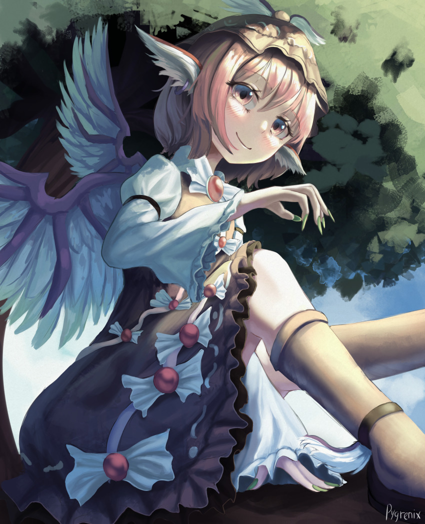 1girl absurdres animal_ears bird_ears bird_wings closed_mouth commentary fingernails full_body highres knee_up long_fingernails long_sleeves looking_at_viewer mystia_lorelei outdoors pink_eyes pink_hair pygrenix short_hair signature sitting smile solo touhou tree wings