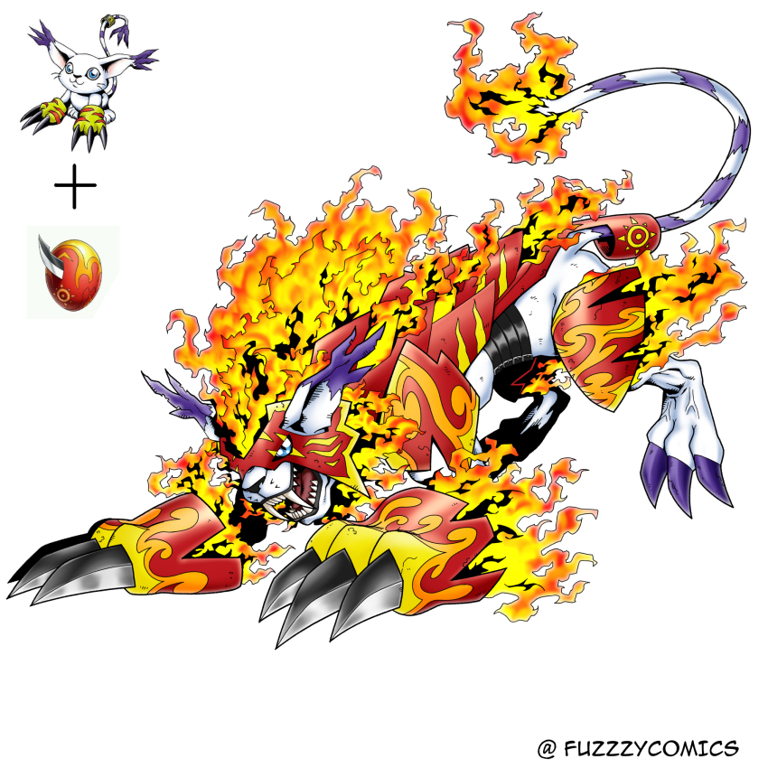 armor blue_eyes cat claws colored_skin crests_(digimon) digimental digimental_of_courage digimon digimon_(creature) fire fuzzzycomics highres lynxmon oridigi original sabertooth_cat sharp_teeth tail tailmon teeth twitter_username white_skin