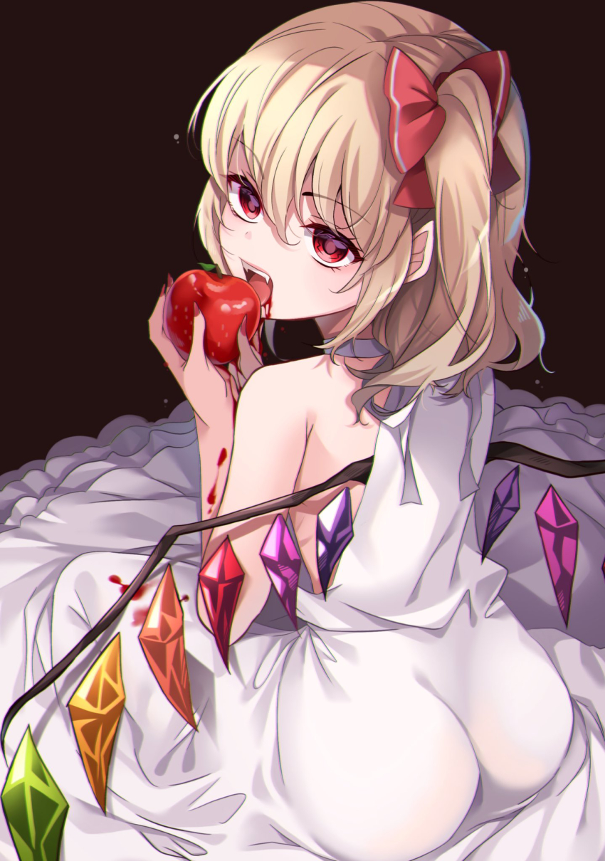 1girl alternate_costume apple ass bare_arms bare_shoulders blonde_hair blood blood_from_mouth blood_on_clothes blood_on_hands bow commentary_request crystal crystal_wings dress eating fangs fingernails flandre_scarlet food fruit hair_between_eyes hair_bow highres holding holding_food holding_fruit looking_at_viewer looking_back meimei_(meimei89008309) multicolored_wings nail_polish no_headwear one_side_up open_mouth pointy_ears red_bow red_eyes red_nails sitting solo teeth touhou upper_teeth_only white_dress wings
