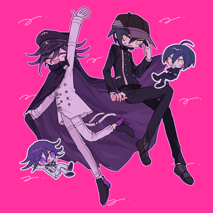 2boys ahoge arm_belt arm_up black_cape black_hair black_hat blush_stickers buttons cape checkered_clothes checkered_scarf chibi commentary_request danganronpa_(series) danganronpa_v3:_killing_harmony flipped_hair full_body hair_between_eyes happy hat highres long_sleeves looking_at_viewer lower_eyelashes_only male_focus medium_hair midair multicolored_buttons multiple_boys oma_kokichi outline pants peaked_cap pink_background pinstripe_jacket pinstripe_pants pinstripe_pattern purple_eyes purple_hair purple_outline saihara_shuichi scarf short_hair simple_background smile sweatdrop two-tone_scarf white_outline xxxo_oxxx yellow_eyes