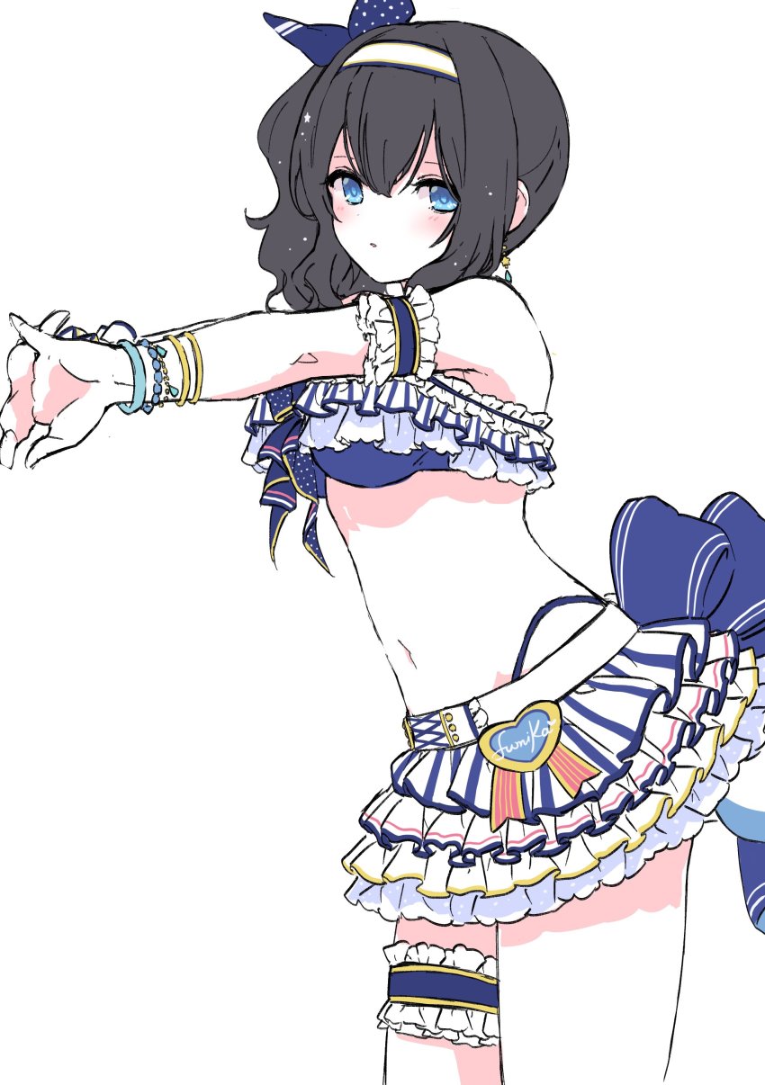 1girl absurdres aqua_eyes armband asymmetrical_legwear bikini black_hair bracelet expressionless frilled_bikini frilled_skirt frills hairband highleg highleg_panties highres idolmaster idolmaster_cinderella_girls jewelry looking_at_viewer midriff navel outstretched_arms panties pure_556 sagisawa_fumika side_ponytail simple_background skirt solo stretching swimsuit thigh_strap underwear wavy_hair white_background white_hairband