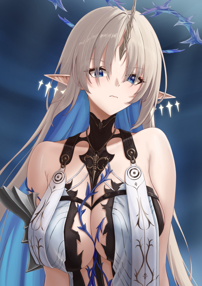 1girl absurdres armpit_crease bare_shoulders black_collar blonde_hair blue_eyes blue_hair breasts closed_mouth collar colored_inner_hair commentary commonalty crown_of_thorns earrings fleurdelys_(wuthering_waves) floating_earrings highres horns huge_breasts jewelry long_hair looking_at_viewer multicolored_hair necklace parted_bangs pointy_ears single_horn solo tacet_mark_(wuthering_waves) upper_body variant_set very_long_hair wuthering_waves yellow_horns