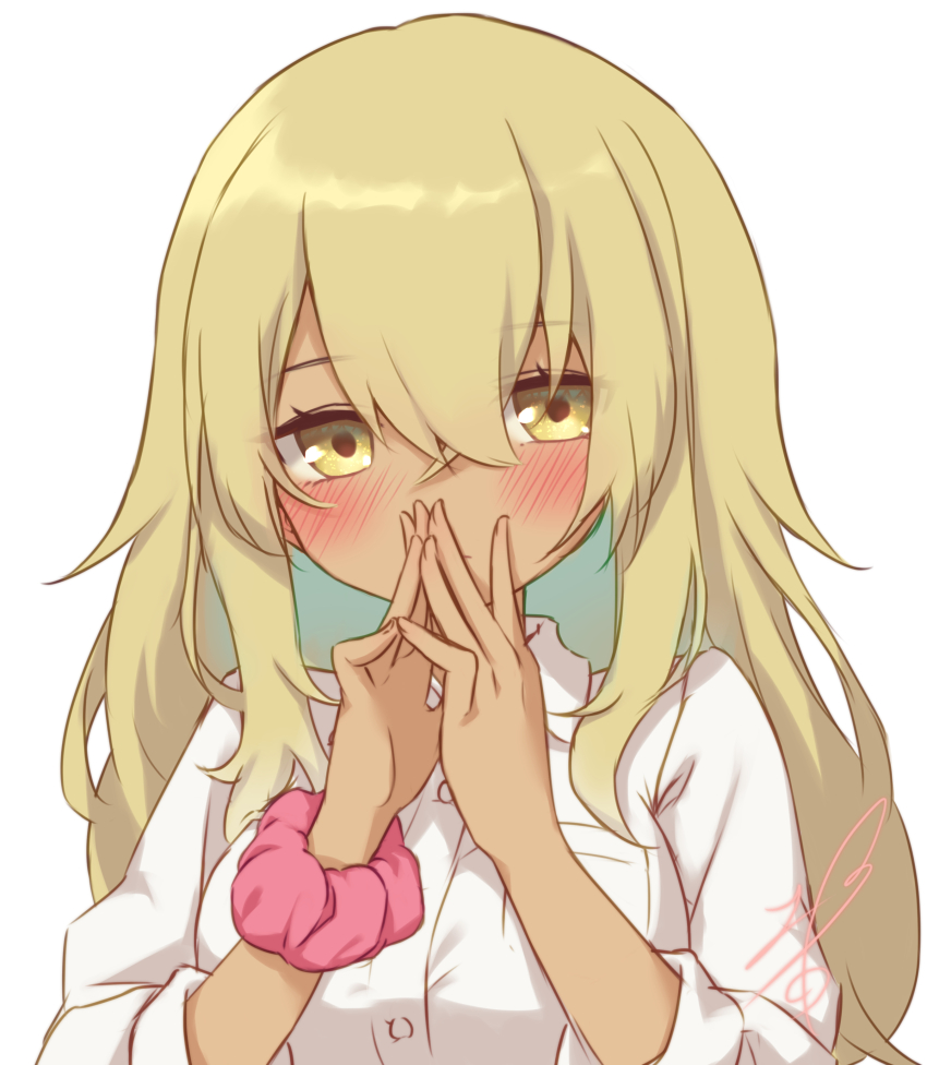 1girl absurdres arms_up blonde_hair blush commentary_request dark-skinned_female dark_skin hair_between_eyes higa_kana highres long_hair okinawa_de_suki_ni_natta_ko_ga_hougen_sugite_tsurasugiru own_hands_together shirt signature simple_background soanote solo upper_body white_background white_shirt yellow_eyes