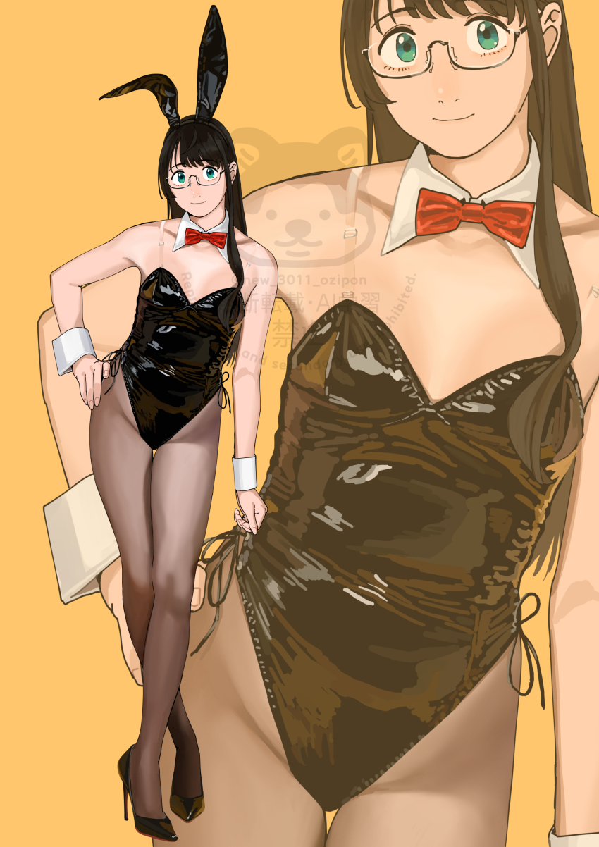 1girl absurdres animal_ears black_hair black_leotard black_shoes bow bowtie breasts christian_louboutin_(brand) closed_mouth detached_collar fake_animal_ears glasses green_eyes hand_on_own_hip high_heels highres kantai_collection leotard long_hair louboutins ojipon ooyodo_(kancolle) orange_background pantyhose patent_heels playboy_bunny pumps rabbit_ears red_bow red_bowtie shoes simple_background small_breasts standing stiletto_heels watermark wrist_cuffs zoom_layer