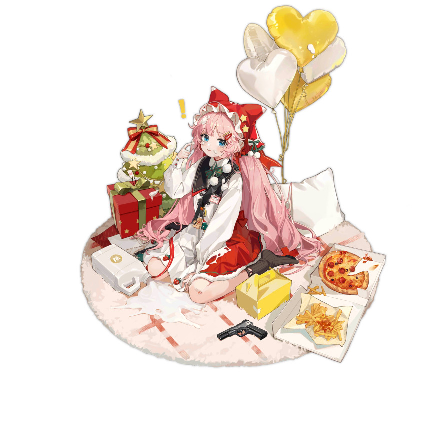 ! 1girl :t artist_request balloon between_legs black_sailor_collar black_socks blue_eyes blush bow bowtie box bren_ten bren_ten_(girls&#039;_frontline) bren_ten_(velvet_shortcake)_(girls&#039;_frontline) buckle carton christmas christmas_star christmas_tree closed_mouth dress food food_on_clothes food_on_face food_on_hand french_fries fruit full_body gift_wrapping gingerbread_man girls&#039;_frontline green_bow green_bowtie gun hair_ornament hairclip hand_between_legs hand_up handgun heart_balloon highres id_card charm_(object) long_hair long_sleeves looking_at_viewer no_shoes official_alternate_costume official_art pepperoni pillow pink_hair pizza pizza_box pom_pom_(clothes) red_headwear rug sailor_collar scraped_knee simple_background sitting smile snap-fit_buckle socks solo spill strawberry takeout_container third-party_source torn_clothes torn_dress torn_socks transparent_background twintails very_long_hair wariza weapon whipped_cream white_dress x_hair_ornament