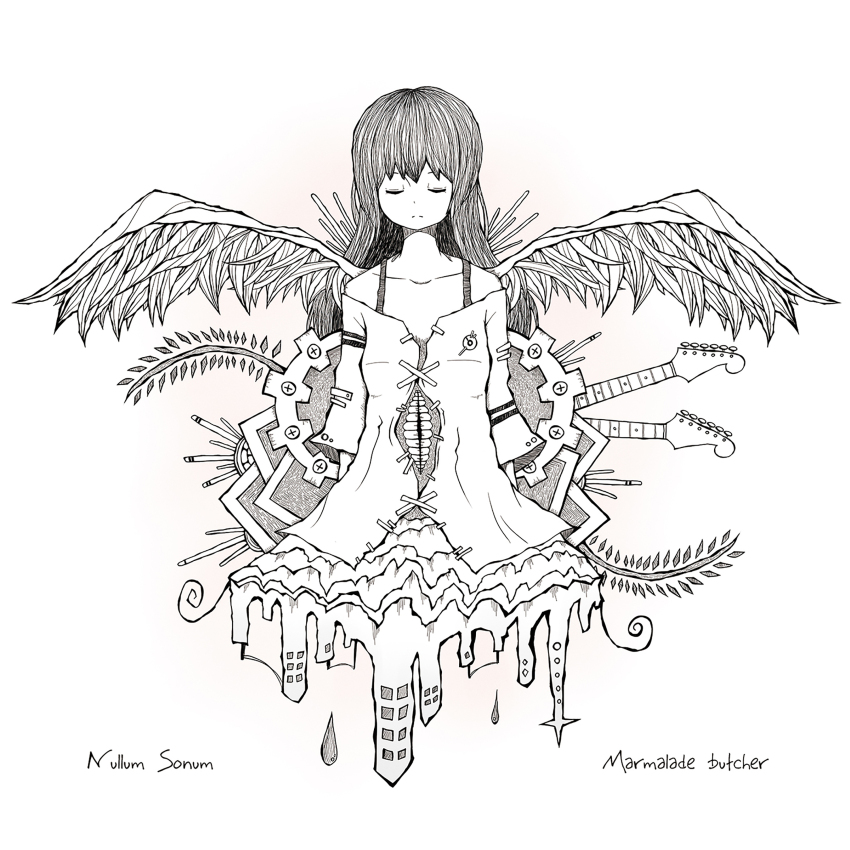1girl abstract absurdres album_cover arms_behind_back artist_request bare_shoulders building closed_eyes collarbone copyright_name cover disembodied_mouth dissolving dot_nose dress facing_viewer frown gears greyscale guitar highres instrument long_hair long_sleeves marmalade_butcher_(band) melting monochrome official_art second-party_source skyscraper solo song_name split_mouth water_drop white_background wings