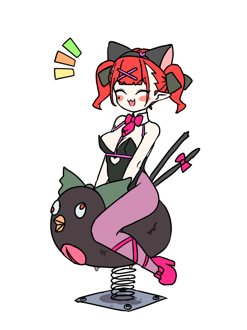 1girl :3 :d ^_^ absurdres alternate_costume alternate_hairstyle animal_ear_hairband animal_ears black_leotard blush breasts cat_ear_hairband cat_ears cat_tail cleavage closed_eyes detached_collar fake_animal_ears full_body hairband heart high_heels highres kaenbyou_rin leotard multiple_tails open_mouth pantyhose pink_pantyhose ptt_fries rabbit_hole_(vocaloid) red_eyes red_hair reiuji_utsuho reiuji_utsuho_(bird) simple_background smile solo tail touhou two_side_up two_tails white_background