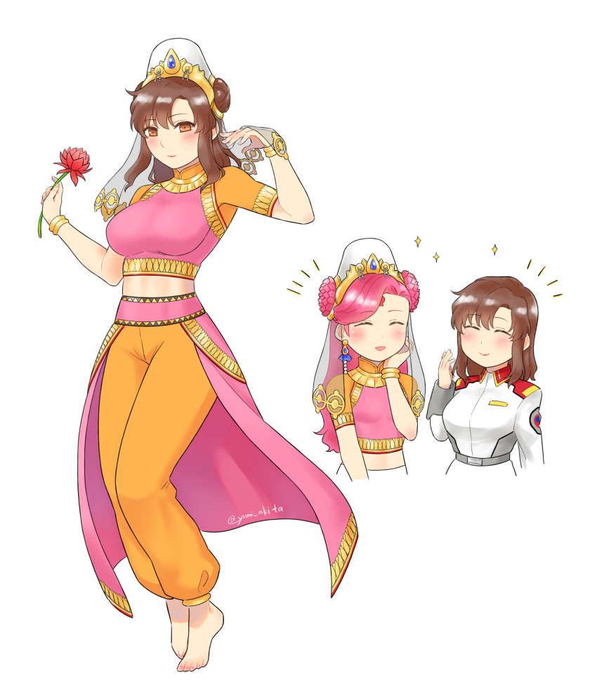 2girls barefoot bracelet breasts brown_eyes brown_hair commentary_request cosplay feet flower gundam gundam_seed harem_pants highres holding holding_flower jewelry large_breasts lotus midriff military military_uniform multiple_girls murrue_ramius pants parvati parvati_(cosplay) parvati_(megami_tensei) pink_hair shin_megami_tensei smile toes veil yumiyumi1105