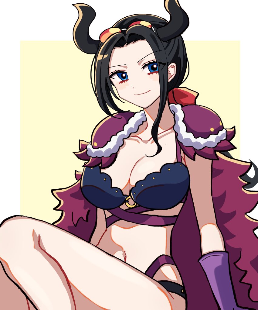 1girl absurdres armor beast_pirates_uniform bikini black_hair blue_eyes border cape commentary_request eyewear_on_head fake_horns fur_cape gloves hair_ribbon highres horns kasuga_kaya korean_commentary looking_to_the_side navel nico_robin nico_robin_(onigashima) one_piece ponytail purple_gloves red_ribbon ribbon shoulder_armor sidelocks simple_background sitting smile solo sunglasses swimsuit white_background