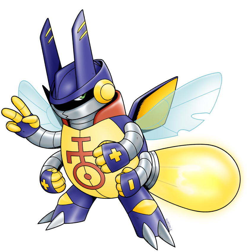 blitzmon bug digimon digimon_(creature) green_eyes looking_at_viewer oridigi original sabedile solo v wings