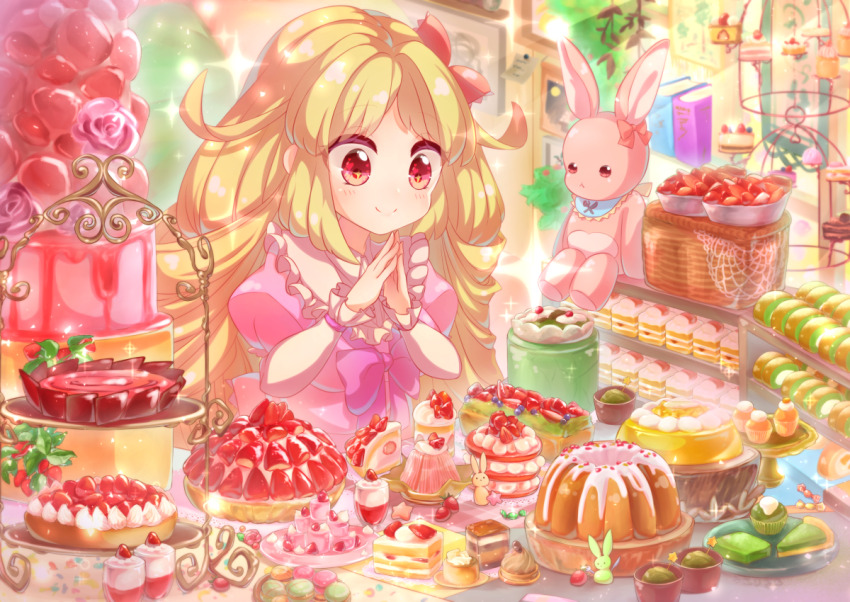 1girl blonde_hair blush bow breasts bundt_cake cake commentary_request cupcake dress food food_request fruit indoors kiwi_(fruit) kiwi_slice loaded_interior lolita_fashion long_hair looking_at_food medium_breasts original pastry pink_bow pink_dress red_eyes sparkle sparkling_eyes strawberry_shortcake stuffed_animal stuffed_rabbit stuffed_toy sweet_lolita sweets tiered_tray usari_sk