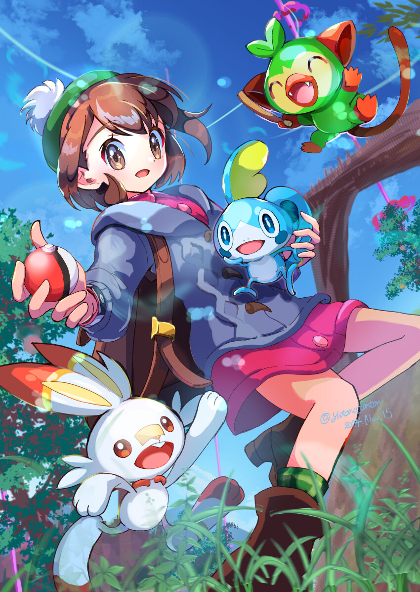 1girl absurdres boots brown_eyes brown_footwear brown_hair buttons cardigan commentary_request day dress eyelashes gen_8_pokemon gloria_(pokemon) grass green_hat green_socks grey_cardigan grookey hat highres holding holding_poke_ball hood hood_down hooded_cardigan nintendo open_mouth outdoors pink_dress poke_ball poke_ball_(basic) pokemon pokemon_(creature) pokemon_swsh scorbunny sky smile sobble socks starter_pokemon_trio tam_o&#039;_shanter tree yutano_(yutano_tantan)