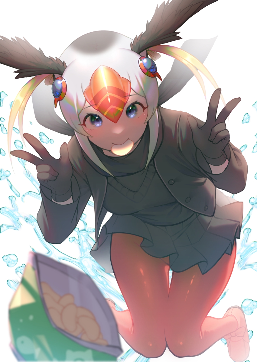 1girl absurdres akuma_(st.takuma) backlighting bag_of_chips bird_wings black_gloves black_hair black_jacket black_shirt black_skirt blonde_hair blue_eyes chips_(food) commentary double_w food full_body gloves hair_between_eyes hair_ornament head_wings highres jacket kemono_friends long_sleeves looking_at_viewer miniskirt mouth_hold multicolored_hair open_clothes open_jacket orange_hair orange_pantyhose pantyhose pleated_skirt potato_chips shirt short_hair simple_background skirt smile solo thigh_gap tufted_puffin_(kemono_friends) w water white_background white_hair wings