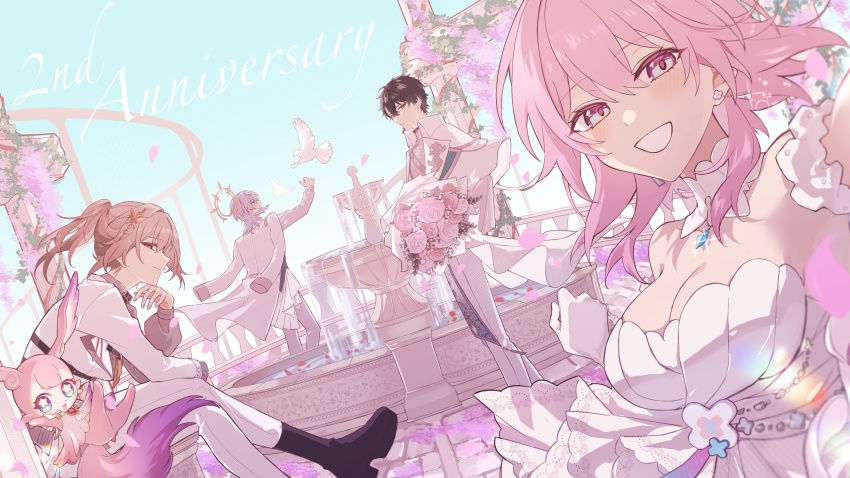 2boys 2girls absurdres anniversary bird black_boots black_hair blue_eyes blue_sky boots bouquet breasts cleavage commentary_request dan_heng_(honkai:_star_rail) dove dress flower formal_clothes fountain grey_hair hatuki_82 highres holding holding_bouquet honkai:_star_rail honkai_(series) jacket large_breasts looking_at_viewer march_7th_(honkai:_star_rail) mem_(honkai:_star_rail) multicolored_eyes multiple_boys multiple_girls pants pink_fur pink_hair short_hair sky smile star-shaped_pupils star_(symbol) stelle_(honkai:_star_rail) suit sunday_(honkai:_star_rail) symbol-shaped_pupils trailblazer_(honkai:_star_rail) two-tone_eyes vest white_dress white_jacket white_pants white_vest