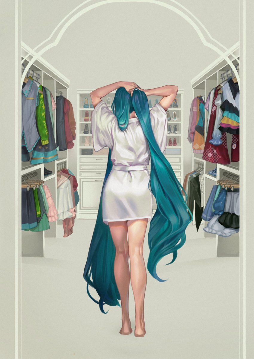 1girl absurdres adjusting_hair aqua_hair arms_up bare_legs barefoot bathrobe box chest_of_drawers closet clothes_hanger commentary dressing female_focus frilled_shirt frills from_behind full_body hair_down hatsune_miku hatsune_miku_(catch_the_wave) hatsune_miku_(chou) hatsune_miku_(ichi_no_sakura_oka) hatsune_miku_(jersey) hatsune_miku_(lollipop) hatsune_miku_(magician) hatsune_miku_(noble) hatsune_miku_(ribbon_girl) hatsune_miku_(saihate) high_heels highres indoors kneepits legs lol_-lots_of_laugh-_(vocaloid) long_hair long_sleeves oskar_vega pleated_skirt project_diva_(series) school_uniform shirt shoes skirt solo standing tagme tuxedo very_long_hair vocaloid wide_sleeves