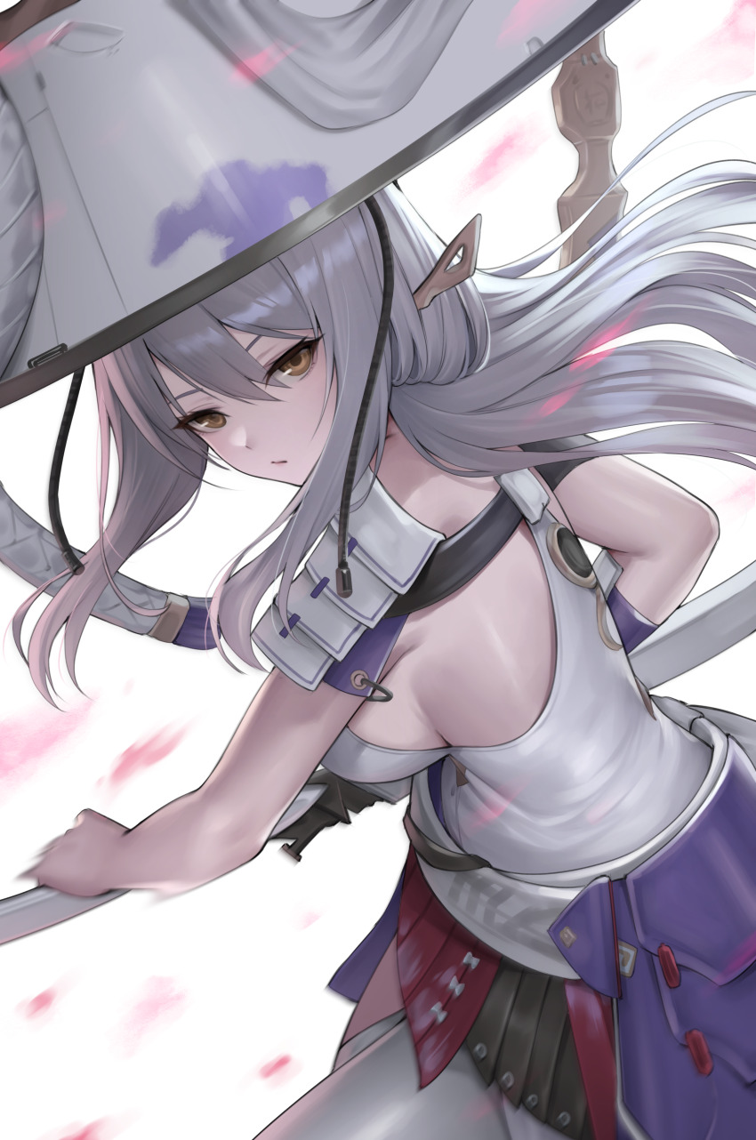 1girl absurdres breasts brown_eyes closed_mouth commentary_request goddess_of_victory:_nikke grey_hair hat highres katana kurone_rinka large_breasts long_hair looking_at_viewer scarlet_(nikke) simple_background solo sword weapon white_background