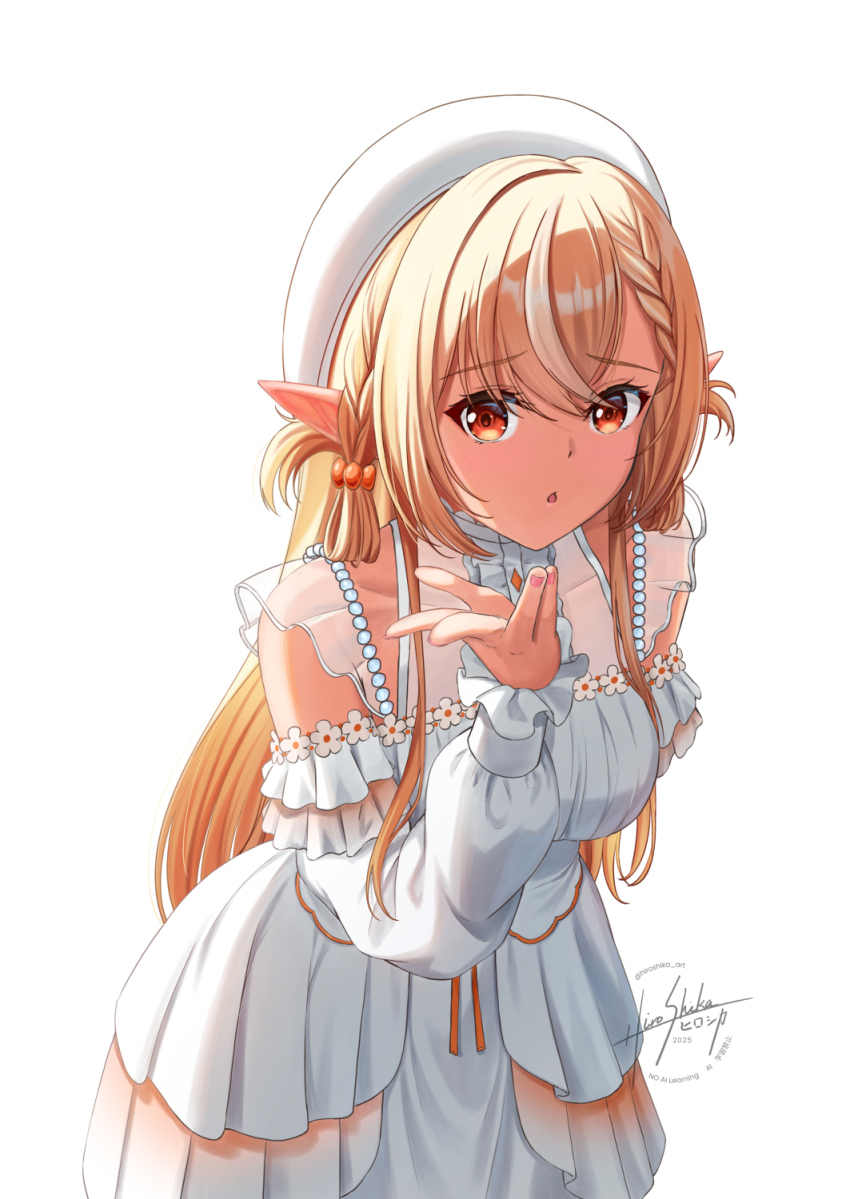 arm_behind_back beret blonde_hair blowing_kiss braid braided_bangs center_frills commentary detached_sleeves dress dress_flower elf flower frilled_dress frilled_sleeves frills hair_rings hat highres hololive leaning_forward long_hair looking_at_viewer multicolored_hair official_alternate_costume official_alternate_hairstyle open_mouth pleated_dress pointy_ears shiranui_flare shiranui_flare_(luminous) sidelocks simple_background skyrail streaked_hair virtual_youtuber white_background white_dress white_hair white_hat